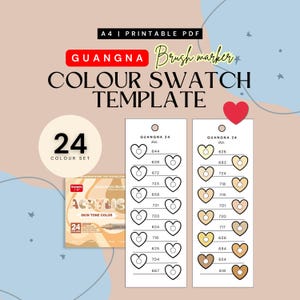 Pode incluir: Um modelo de paleta de cores PDF A4 imprimível para marcadores de pincel Guangna. O design apresenta um conjunto de 24 cores com tons de pele, um gráfico de coração e o texto "COLOUR SWATCH TEMPLATE". A imagem também inclui uma caixa de marcadores acrílicos.