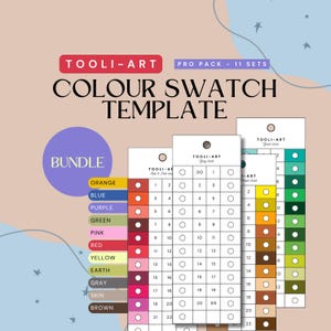 May include: A colour swatch template with the text "TOOLI-ART" and "COLOUR SWATCH TEMPLATE". The image shows a bundle of colour swatches in various colours, including orange, blue, purple, green, pink, red, yellow, earth, grey, skin, and brown.