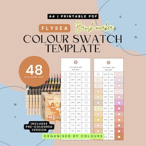 May include: A colour swatch template with the text "Colour Swatch Template" and "Brush marker". The image includes a set of 48 brush markers, a box of markers, and a colour chart with colour swatches. The text "Organised by Colours" is also visible.