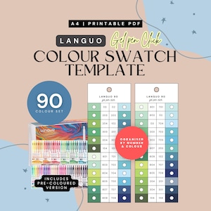 以下が含まれることがあります： 「LANGUO」ブランドのゲルペン用、A4印刷可能なPDFカラーチャートテンプレート。90色のセットで、番号と色で整理され、あらかじめ着色されたバージョンが含まれています。
