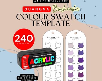 GuangNa 240 Acrylic Marker Swatch Template | Cat-Themed | Colour Organised PDF (Digital Download)