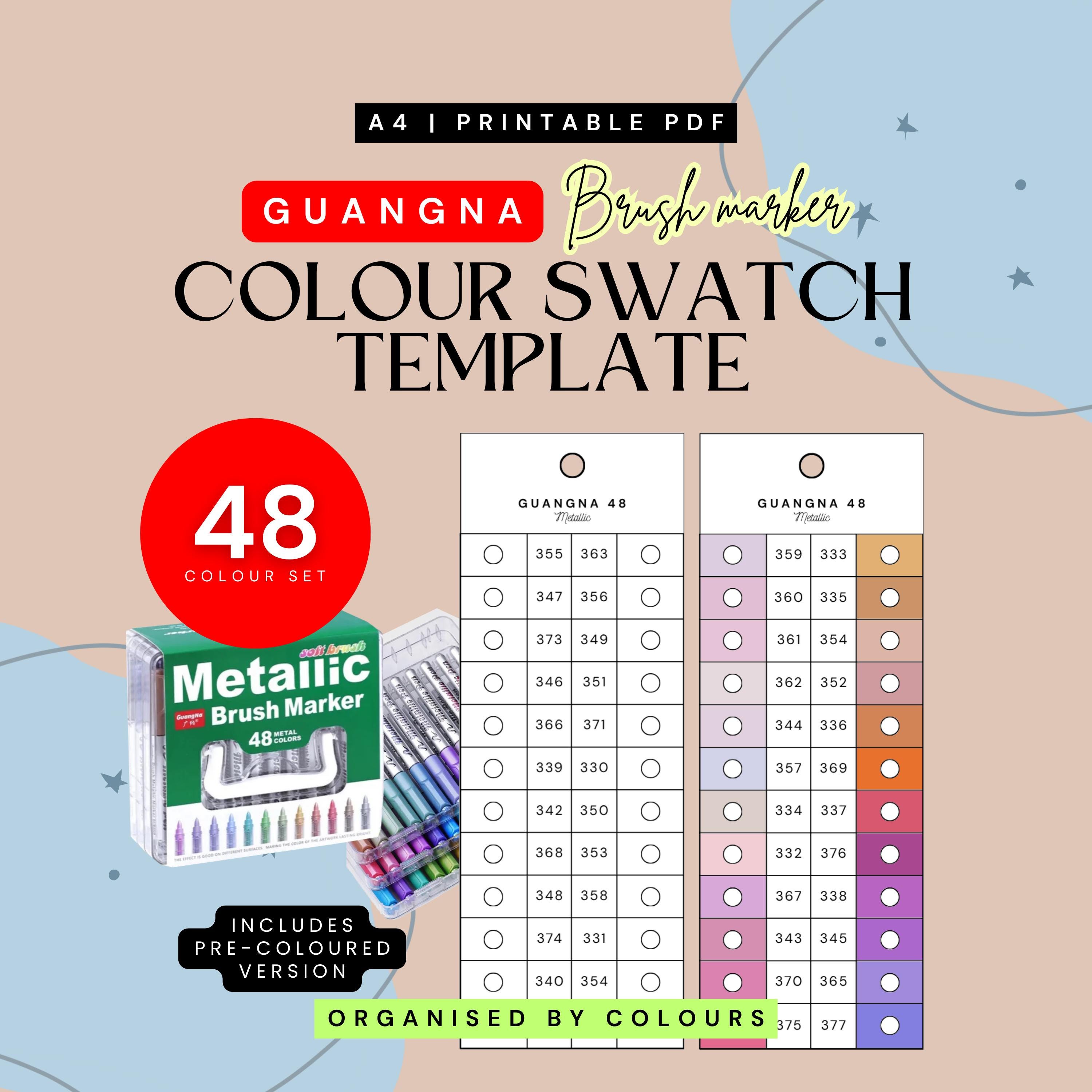 Guangna 48 Metallic Brush Marker Swatch Template | Swatch Chart