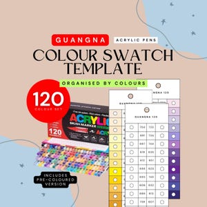 May include: A set of 120 acrylic brush markers with a color swatch template. The box is black with colorful markers visible. The text on the box reads "ACRYLIC BRUSH MARKER". The color swatch template is organized by colors.
