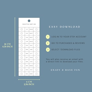 May include: A white rectangular color swatch chart labeled SHUTTLE ART 60 with a grid of circles and codes. It measures 16 cm or 6.30 inches in height and 6 cm or 2.36 inches in width. Text instructions for an easy download process are included.