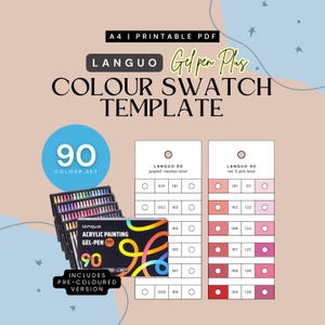 以下が含まれることがあります： Languo Gel Pen Plusのカラー見本テンプレート。90色のセットです。「Colour Swatch Template」の文字と、ジェルペンの箱、カラー見本がデザインされています。テンプレートは印刷可能なPDFです。