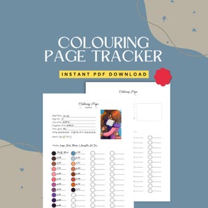 Puede incluir: Un rastreador de páginas para colorear imprimible con el texto "COLOURING PAGE TRACKER" y "INSTANT PDF DOWNLOAD". El rastreador incluye secciones para el nombre del libro, el número de página, las fechas de inicio y finalización y una carta de colores.