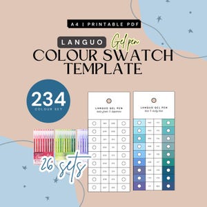 Puede incluir: Una plantilla de muestra de color para bolígrafos de gel Languo en formato PDF A4 imprimible, con 234 colores en 26 sets. El diseño incluye dos tablas verticales con filas numeradas y espacios circulares para muestras de tinta.
