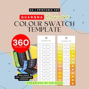 Puede incluir: Un juego de rotuladores de pincel amarillos con 360 colores, organizado por color, con una plantilla de muestra de color. El texto dice "GUANGNA Brush marker COLOUR SWATCH TEMPLATE". Incluye una versión pre-coloreada.