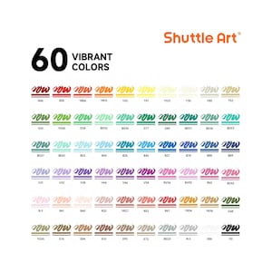 May include: A color chart for Shuttle Art markers displaying 60 vibrant colors. Each color is represented by a brush stroke sample and a corresponding alphanumeric code, organized in six rows of ten colors each on a white background.