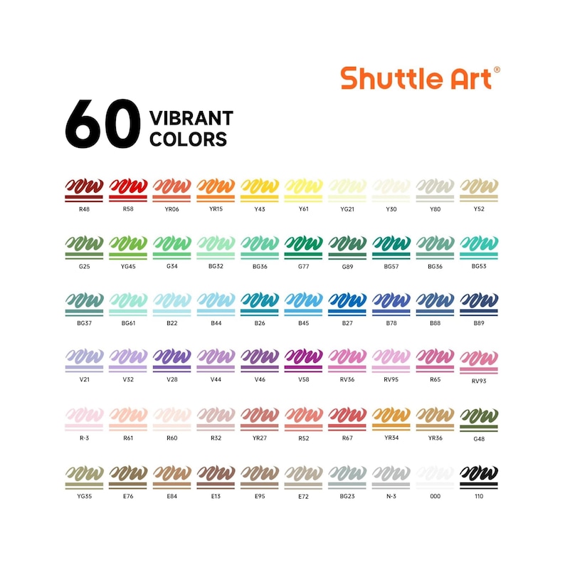 May include: A color chart for Shuttle Art markers displaying 60 vibrant colors. Each color is represented by a brush stroke sample and a corresponding alphanumeric code, organized in six rows of ten colors each on a white background.
