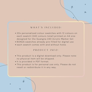 May include: A digital download product information card featuring text that lists 20 personalized color swatches with 12 colors each for the Guangna 240 Acrylic Marker Set, including bonus pre-filled digital swatches in A4 size PDF format.