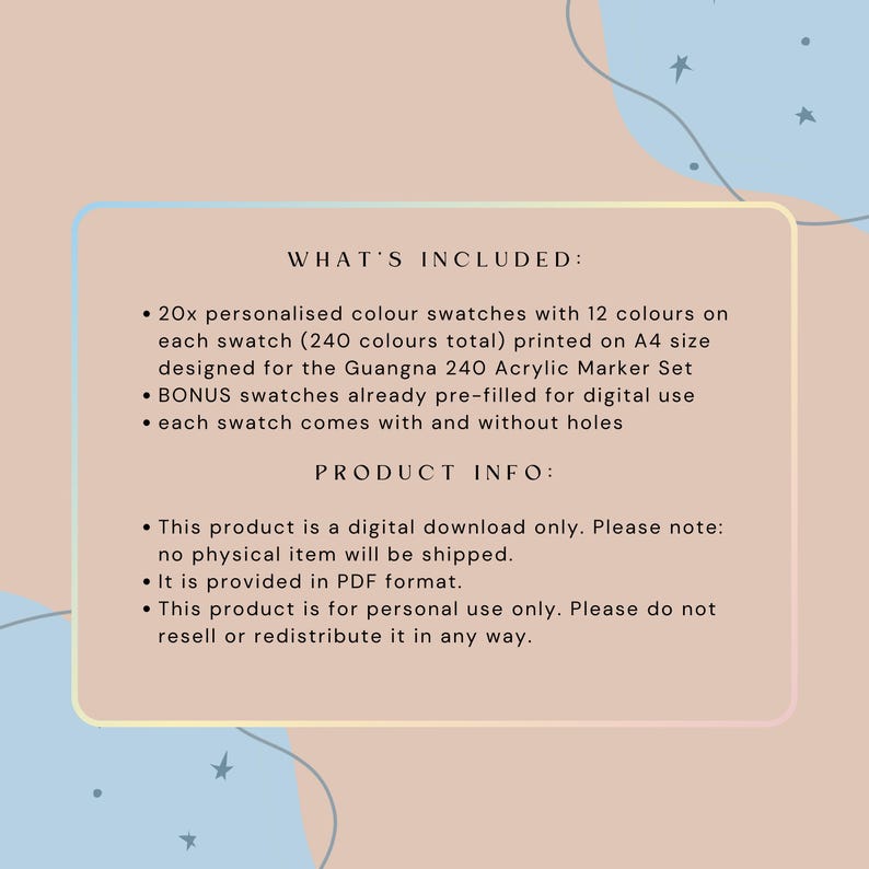 May include: A digital download product information card featuring text that lists 20 personalized color swatches with 12 colors each for the Guangna 240 Acrylic Marker Set, including bonus pre-filled digital swatches in A4 size PDF format.