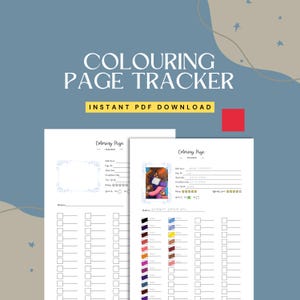 Pode incluir: Download digital com o título "Colouring Page Tracker" e o texto "Instant PDF Download". O design inclui duas folhas brancas com campos preenchíveis para rastrear projetos de coloração e uma paleta de cores.