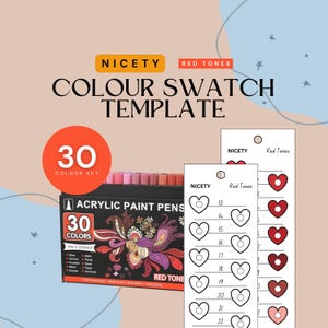 Schönes 30-teiliges Set Rottöne Swatch Template | Sofortdownload | PDF und PNG | Malmuster Vorlage