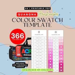 Peut inclure: Un modèle de nuancier imprimable au format A4 pour les marqueurs pinceaux Guangna 366. Le graphique présente une trousse noire remplie de marqueurs et deux tableaux verticaux avec des cercles numérotés pour tester les couleurs, incluant une version rose.