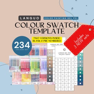 Op de afbeelding: Een kleurstalen sjabloonset met 234 kleuren, inclusief gelpennen. De afbeelding toont de productverpakking en een kleurenkaart met genummerde cirkels. De verpakking bevat de tekst "LANGUO" en "COLOUR SWATCH TEMPLATE".