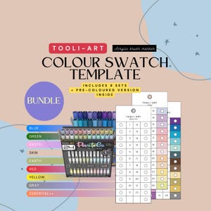 May include: A color swatch template with the text "TOOLI-ART COLOUR SWATCH TEMPLATE". The image includes a bundle of acrylic brush markers, color charts, and a box of 24 pastel brush pens. The color palette includes blue, green, pastel, skin, earth, red, yellow, gray, and essential colors.