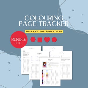 Pode incluir: Um pacote de quatro rastreadores de páginas para colorir imprimíveis. A imagem apresenta o texto "COLOURING PAGE TRACKER" e "INSTANT PDF DOWNLOAD". Um círculo vermelho diz "BUNDLE 4 IN 1". As páginas têm listas de verificação e amostras de cores.