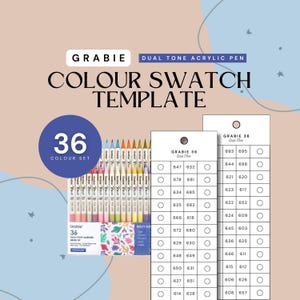 May include: A color swatch template for Grabie dual tone acrylic pens. The image shows a set of 36 pens with a variety of colors, along with color swatch cards. The text on the image reads "COLOUR SWATCH TEMPLATE".