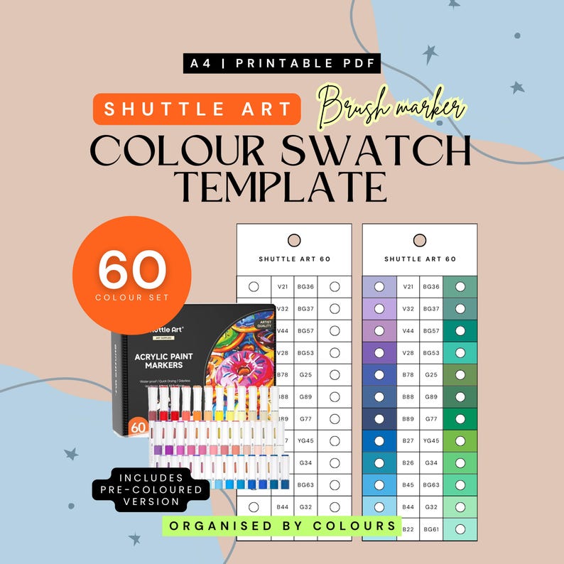 May include: A printable A4 PDF colour swatch template for Shuttle Art 60 brush markers. The template features a black box with acrylic paint markers, a 60 colour set circle, and two vertical charts with numbered colour codes and circular spaces.