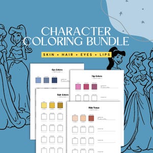 May include: A Character Coloring Bundle with the text "CHARACTER COLORING BUNDLE" in white. The bundle includes color charts for skin, hair, eyes, and lips. The charts feature illustrations of Cinderella and color swatches in various shades.