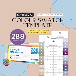 Op de afbeelding: Een set van 288 acrylmarkers met een kleurenpalet. De verpakking toont de merknaam "Languo" en de tekst "Acrylic Marker Set". Het kleurenpalet toont een reeks kleuren voor de markers.
