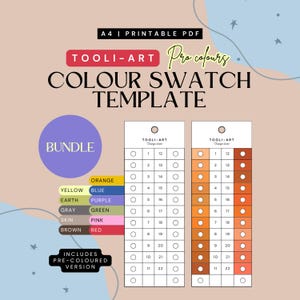 May include: A printable PDF color swatch template with the text "TOOLI-ART Pro colours COLOUR SWATCH TEMPLATE". The design includes color swatches, a "BUNDLE" circle, and color names like "ORANGE" and "BLUE".