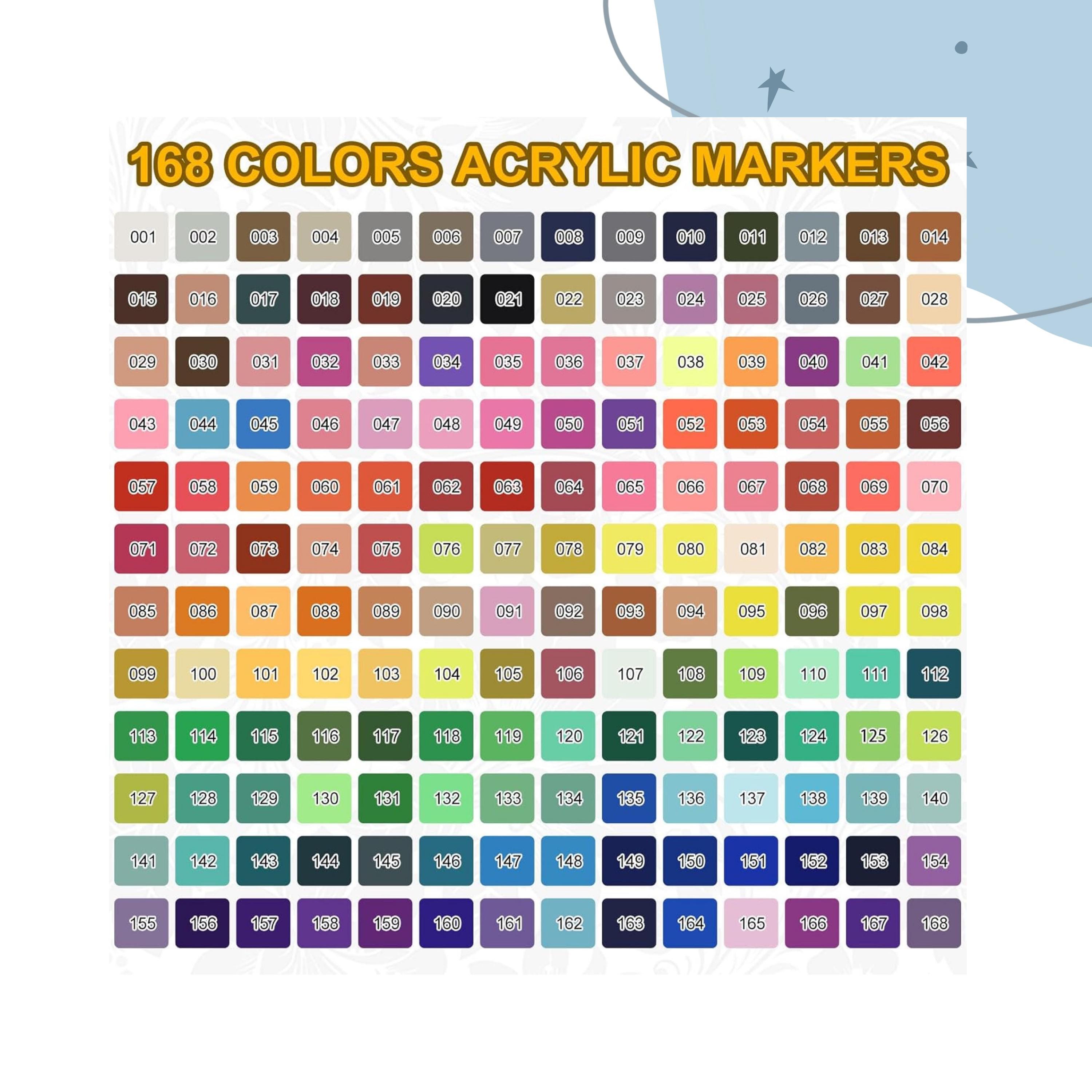 Nicety 168-piece Acrylic Paint Markers Colour Swatch Template