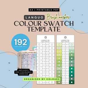 Pode incluir: Modelo de amostra de cores PDF imprimível A4 com o texto "LANGUO Brush marker COLOUR SWATCH TEMPLATE". A imagem inclui um conjunto de 192 cores, organizado por cores, e inclui uma versão pré-colorida.