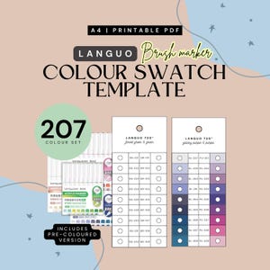 May include: A color swatch template for Languo brush markers, featuring 207 colors. The design includes color swatches, marker illustrations, and the text "A4 | Printable PDF". The template includes a pre-colored version.