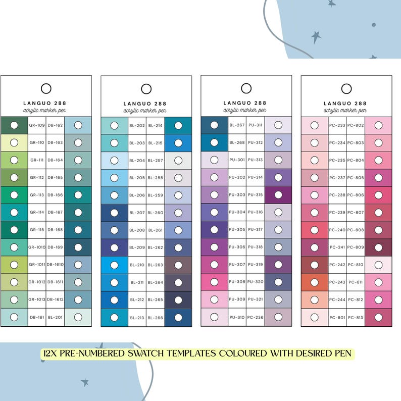 Languo 288-piece Acrylic Paint Markers Colour-organised Swatch Template ...