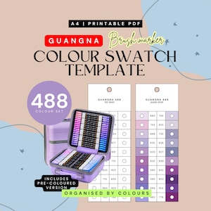 May include: A printable A4 PDF color swatch template for Guangna 488 brush markers. The graphic features a purple carrying case filled with markers and two vertical charts labeled with red and purple tones, including numbered color boxes.