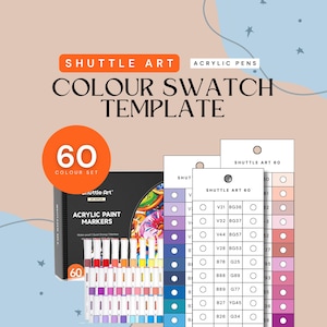 May include: A set of 60 acrylic paint markers with a color swatch template. The box is black with the text "Shuttle Art" and "Acrylic Paint Markers". The color swatch template has color samples.
