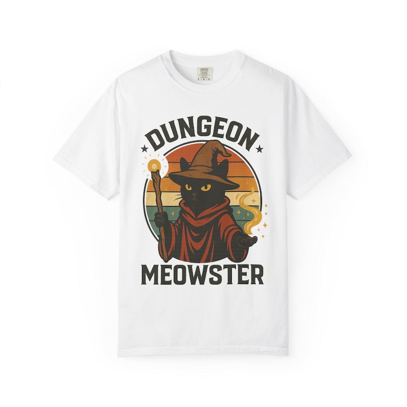 Dungeon Meowster T-Shirt: Wizard Cat Graphic, Garment-Dyed Cotton image 2