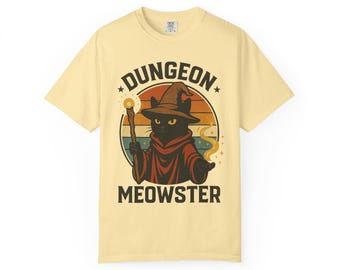 T-shirt Dungeon Meowster : motif chat sorcier, coton teint en pièce