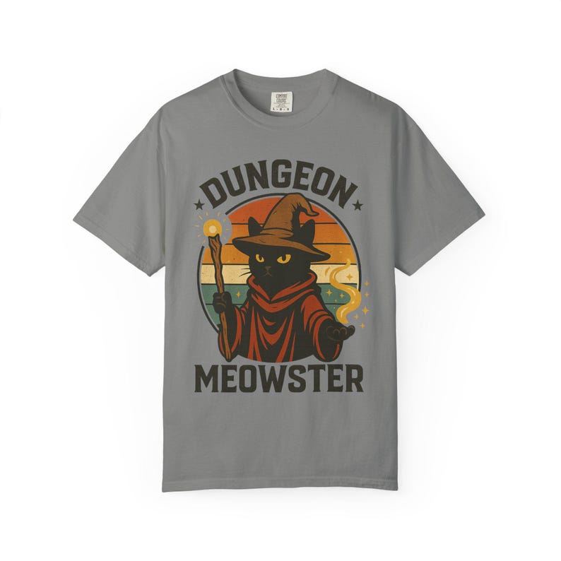 Dungeon Meowster T-Shirt: Wizard Cat Graphic, Garment-Dyed Cotton image 4