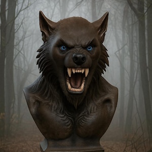 May include: A detailed bust of a werewolf with brown fur, piercing blue eyes, and bared fangs. The sculpture is set against a blurred forest backdrop, creating a dramatic and imposing presence. The bust is mounted on a pedestal.