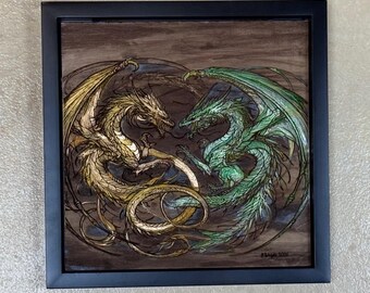 Clash of the Titans - Engraved Abstract Dragon Battle Painting | Discontinued Engraved Wood Wall Art