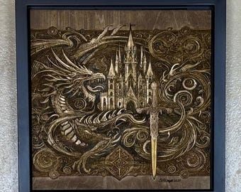 Draconis Aeternum - The Eternal Guardian Engraved Painting |  Discontinued Engraved Wood Wall Art
