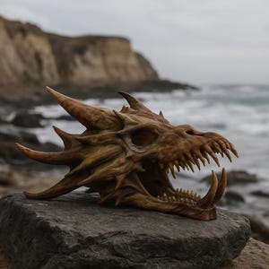 May include: A brown, carved wooden dragon skull sculpture featuring sharp, protruding horns, a hollow eye socket, and an open jaw with prominent, pointed teeth. The detailed texture of the wood grain is visible across the entire surface.