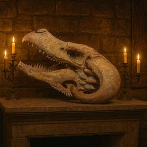 Coiled Dragon Skull – XL Hand-Painted Fossil Prop, Gothic Fantasy Decor, Ancient Serpent Beast Skull, D&D Display Skull, Creature Fossil