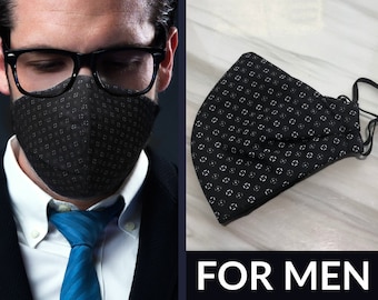 Máscara de tela de hombre, máscara facial negra formal con bolsillo de filtro, máscara facial de lazo ajustable, algodón muslin lavable, suave y fácil de respirar