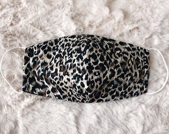 Máscara facial de triple capa con bolsillo para filtro 100% algodón, patrón de leopardo posterior
