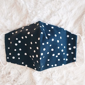 Face Mask, triple layer navy blue polka dot face mask with filter pocket, washable for multi-use, face mask