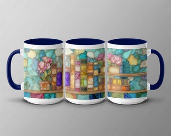 Faux Stained Glass Bookshelf Coffee Mug – Floral Book Lover Gift