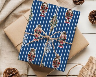 Nutcracker Wrapping Paper, Christmas Gift Wrap in Navy Blue Stripes