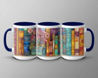 Faux Stained Glass Bookshelf Coffee Mug – Floral Book Lover Gift
