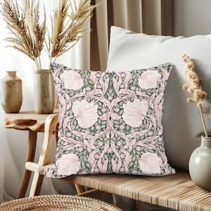 William Morris Pimpernel Throw Pillow: Pink and Green Art Nouveau Cushion
