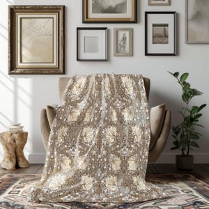 William Morris Blanket in Cozy Cocoa, Pimpernel Throw, Plush Velveteen Blanket, Home Decor, Art Gift for Her, Cancer Support Gift