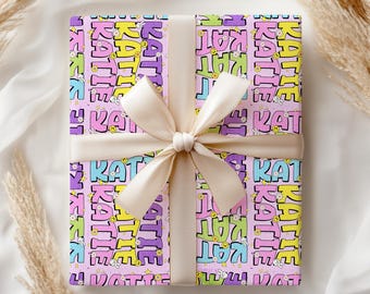 Inpakpapier met aangepaste naam: Groovy retro verjaardagscadeaupapier